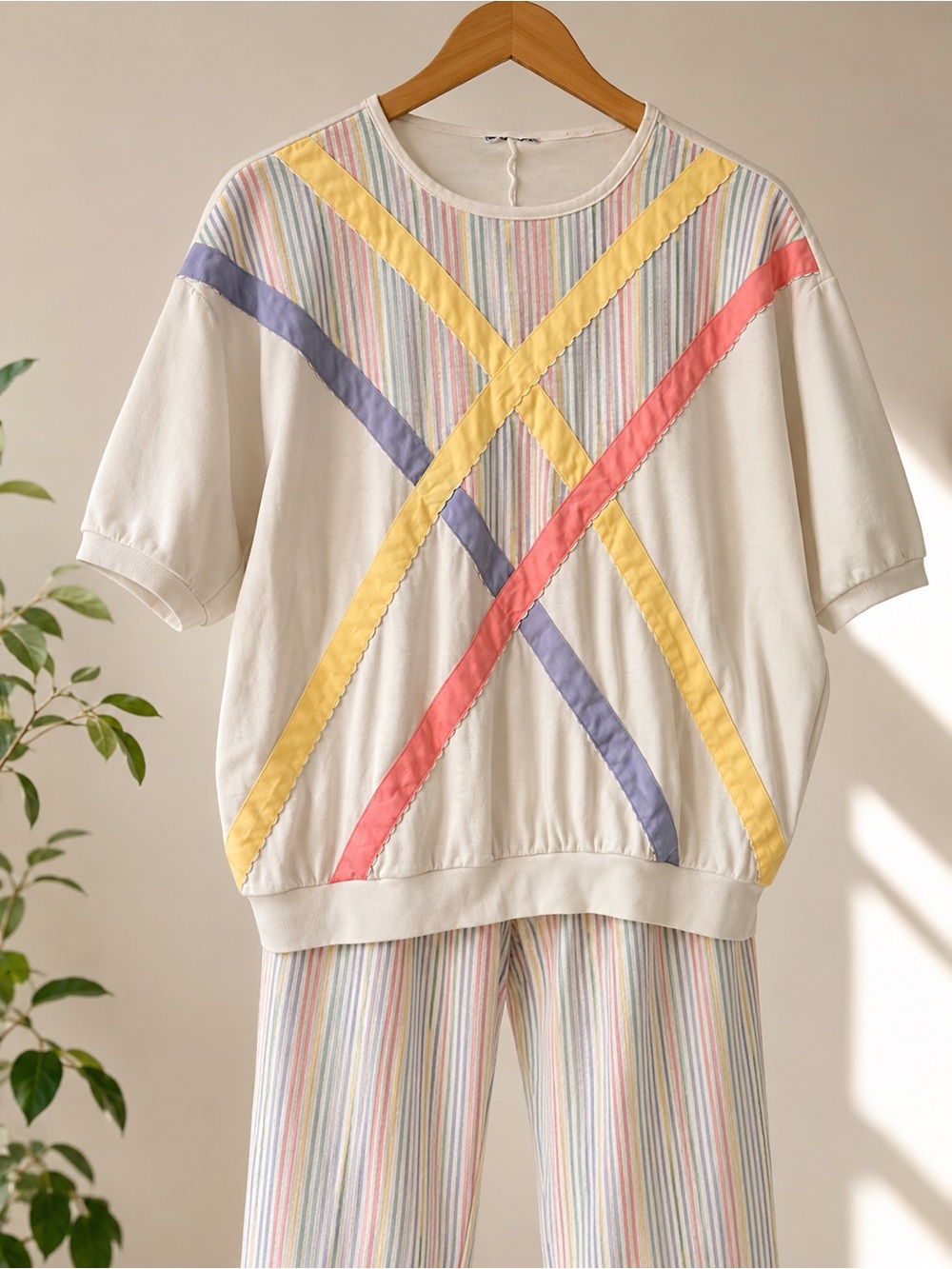 2 Piece Pastel Striped Pants Top Set Retro Coastal 90’s Large